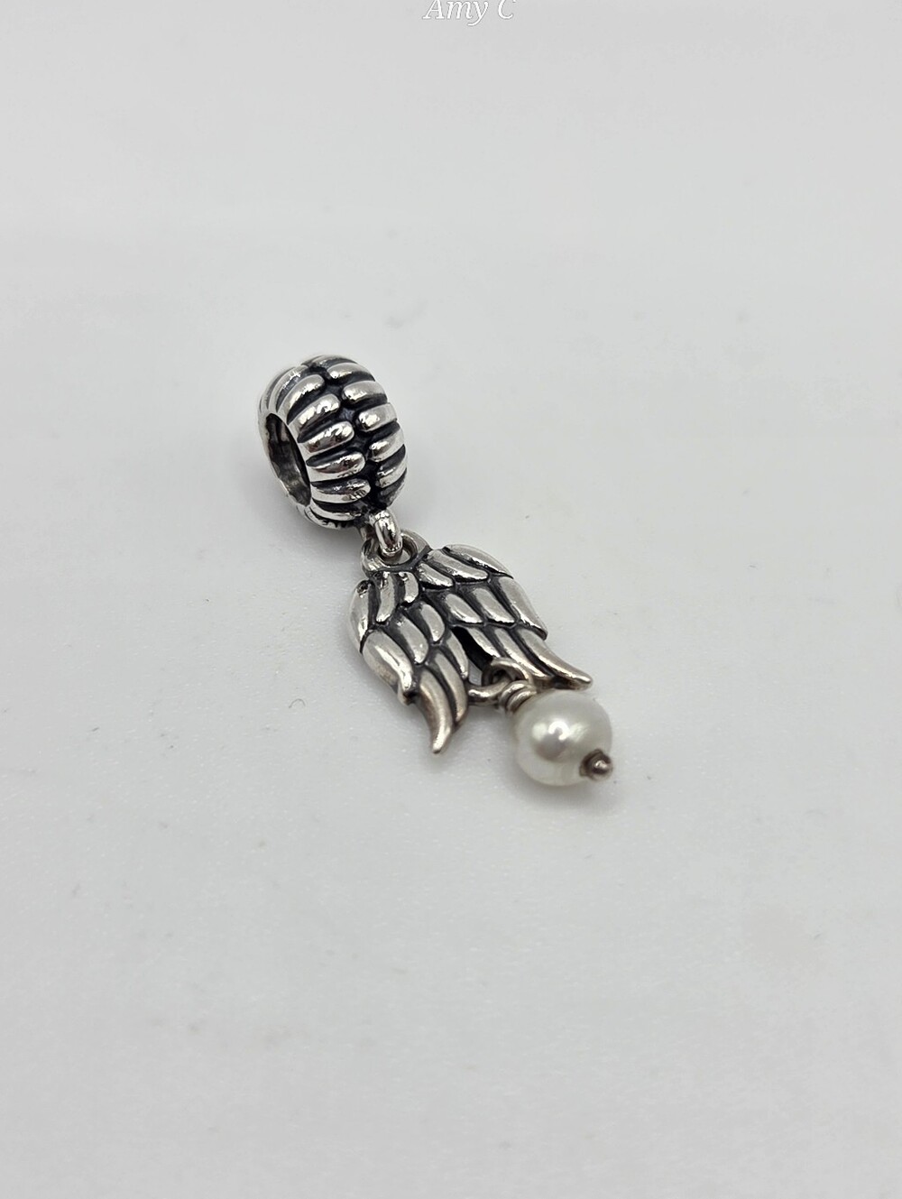 Pandora Retired Sterling Silver Guardian Angel Wing Charm with Pearl Accent